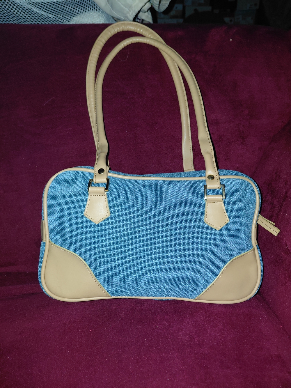 Tan Trim Blue Woven Tote Bag
